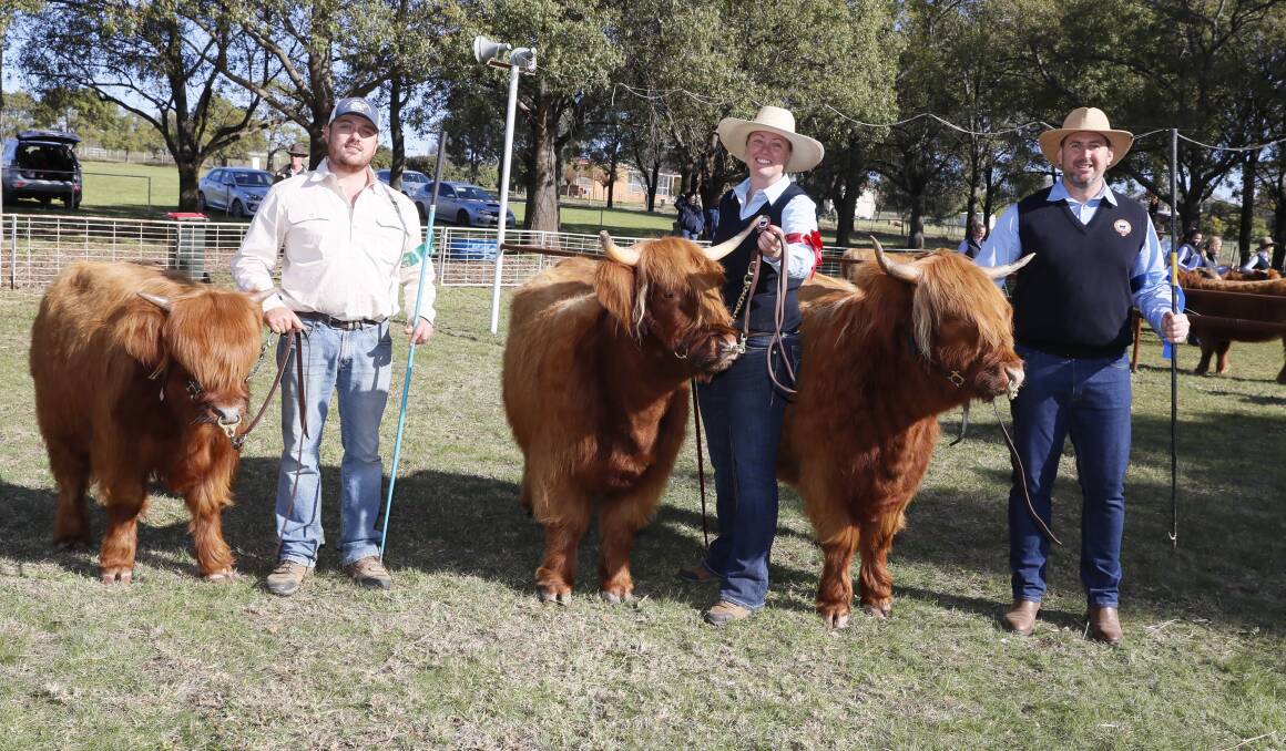 Highland Cattle Show third place Novice Handlers David Komacha from Muswellbrook with Mackenzie the 12 mth olf Heifer and second place Tanika Butler from Bearii VIC with Lara Croft and first place Courtney Marson from Mia Mia VIC with Wee Peigi. Picture by Les Smith